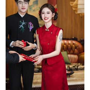 Rochie roșie pentru toast la nuntă, cheongsam de mireasă, set de logodnă în stil chinezesc nou, rochie de nuntă lungă, look elegant pentru purtare zilnică