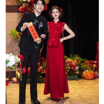 Rochie roșie pentru toast la nuntă, cheongsam de mireasă, set de logodnă în stil chinezesc nou, rochie de nuntă lungă, look elegant pentru purtare zilnică