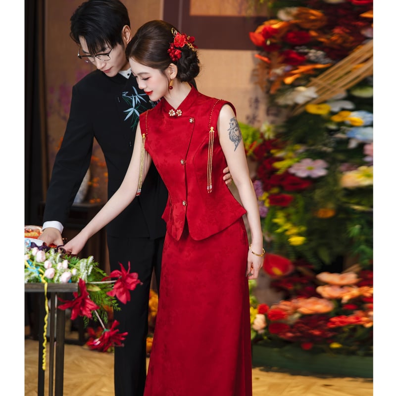 Rochie roșie pentru toast la nuntă, cheongsam de mireasă, set de logodnă în stil chinezesc nou, rochie de nuntă lungă, look elegant pentru purtare zilnică