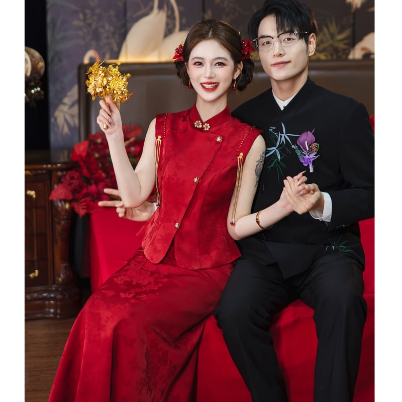 Rochie roșie pentru toast la nuntă, cheongsam de mireasă, set de logodnă în stil chinezesc nou, rochie de nuntă lungă, look elegant pentru purtare zilnică