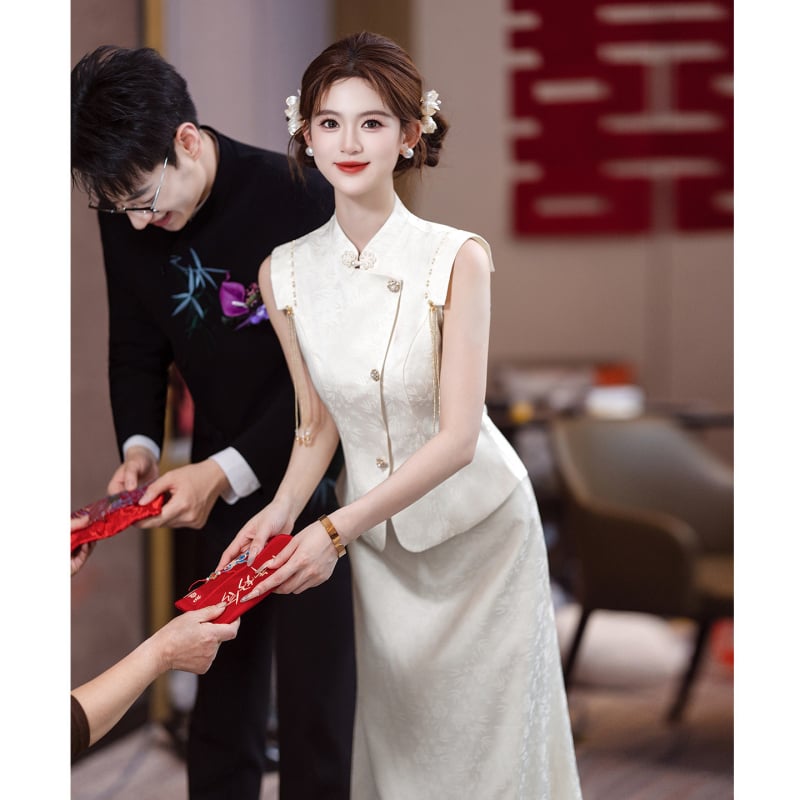 Rochie roșie pentru toast la nuntă, cheongsam de mireasă, set de logodnă în stil chinezesc nou, rochie de nuntă lungă, look elegant pentru purtare zilnică