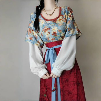 Rochie Hanfu în stil Tang cu broderie florală, siluetă subțire, croială de vară