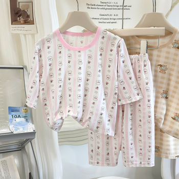 Set pijama Lyocell pentru copii, antibacterian și respirabil, haine de casă de vară unisex pentru băieți și fete, mâneci 3/4, imprimeu animal drăguț, vârsta 3–8 ani