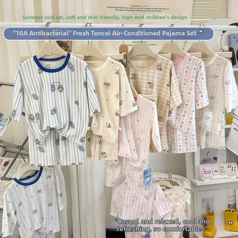 Detská pyžamová súprava z lyocellu, antibakteriálne a priedušné letné oblečenie na doma, unisex pre chlapcov aj dievčatá, 3/4 rukávy, vzor kreslených zvieratiek, vek 3–8 rokov