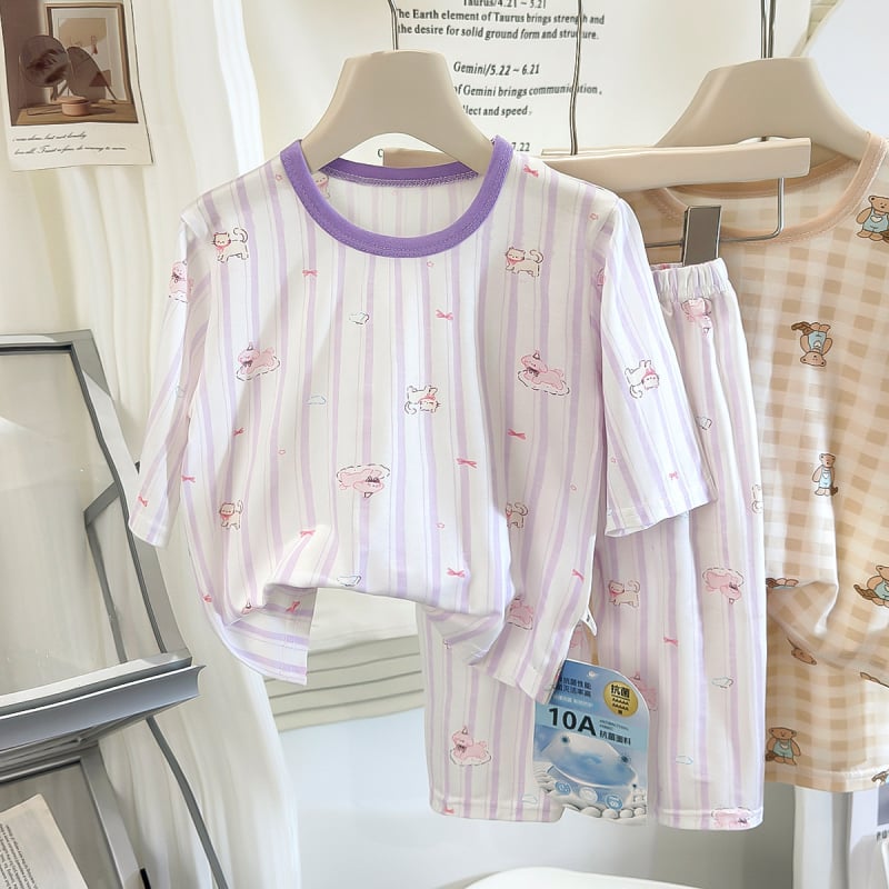Set pijama Lyocell pentru copii, antibacterian și respirabil, haine de casă de vară unisex pentru băieți și fete, mâneci 3/4, imprimeu animal drăguț, vârsta 3–8 ani