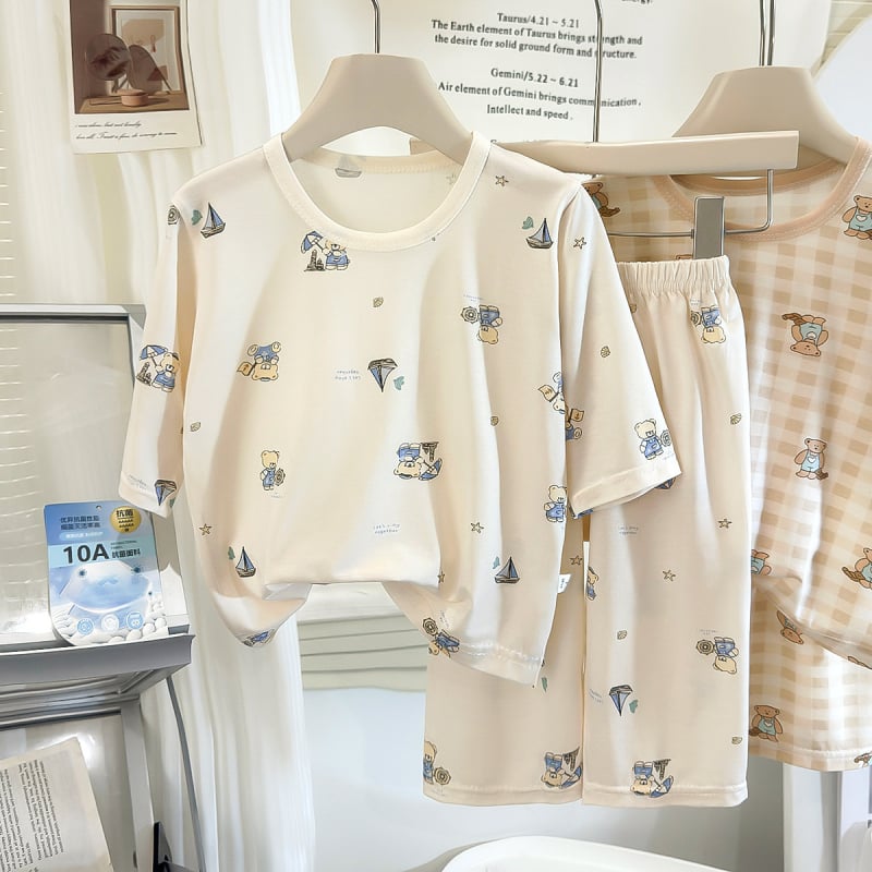 Set pijama Lyocell pentru copii, antibacterian și respirabil, haine de casă de vară unisex pentru băieți și fete, mâneci 3/4, imprimeu animal drăguț, vârsta 3–8 ani