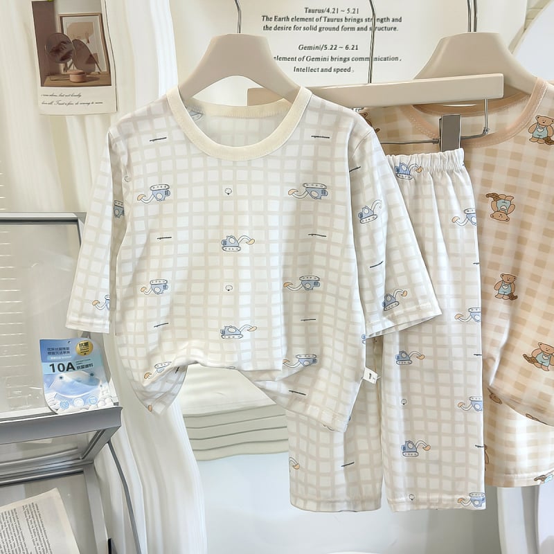 Set pijama Lyocell pentru copii, antibacterian și respirabil, haine de casă de vară unisex pentru băieți și fete, mâneci 3/4, imprimeu animal drăguț, vârsta 3–8 ani