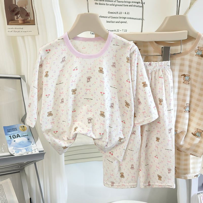 Set pijama Lyocell pentru copii, antibacterian și respirabil, haine de casă de vară unisex pentru băieți și fete, mâneci 3/4, imprimeu animal drăguț, vârsta 3–8 ani