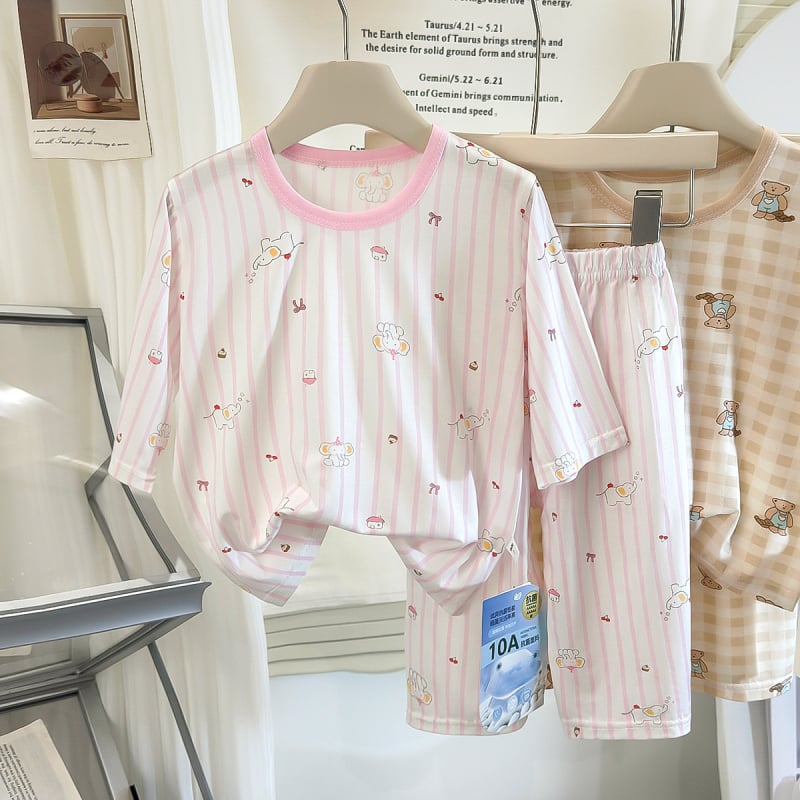 Set pijama Lyocell pentru copii, antibacterian și respirabil, haine de casă de vară unisex pentru băieți și fete, mâneci 3/4, imprimeu animal drăguț, vârsta 3–8 ani