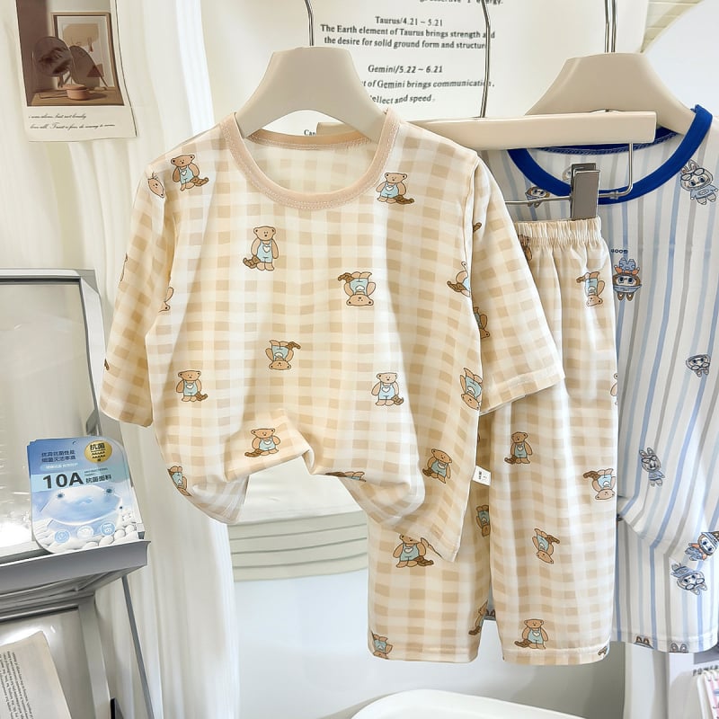 Set pijama Lyocell pentru copii, antibacterian și respirabil, haine de casă de vară unisex pentru băieți și fete, mâneci 3/4, imprimeu animal drăguț, vârsta 3–8 ani