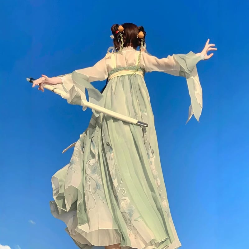 Hanfu pentru femei, ansamblu top și fustă în stil Tang, șifon și poliester, primăvară-vară-toamnă