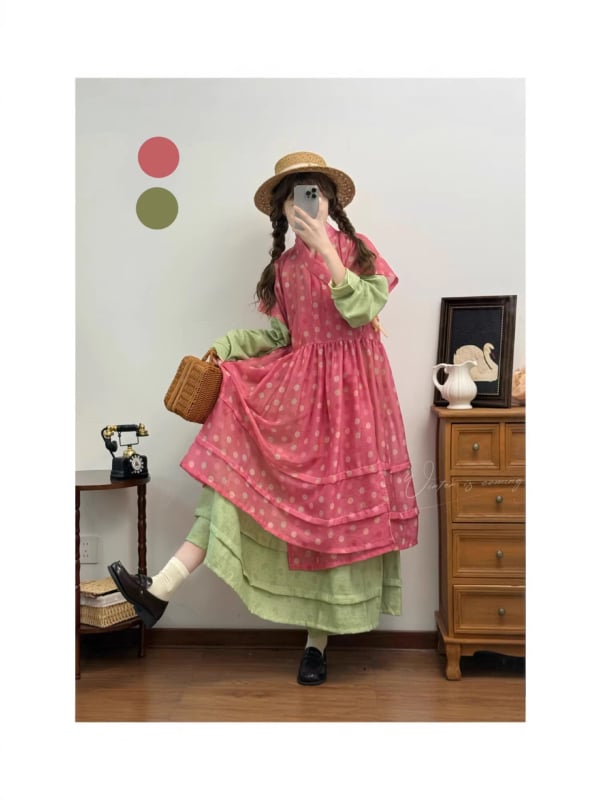 Rochie Hanfu în stil Ming, cu buline, căptușită, mâneci scurte, pentru purtare zilnică, primăvară-vară