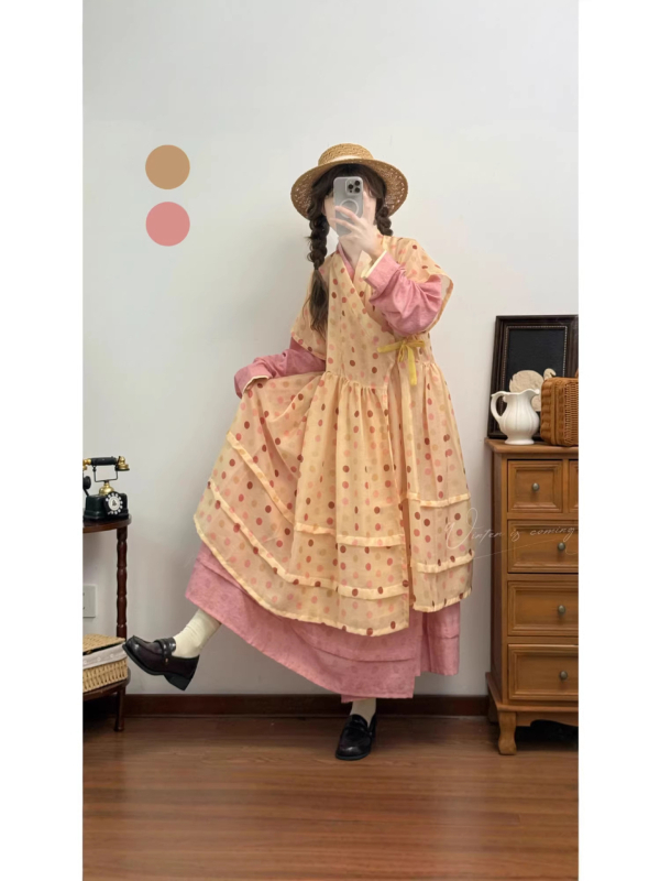 Rochie Hanfu în stil Ming, cu buline, căptușită, mâneci scurte, pentru purtare zilnică, primăvară-vară