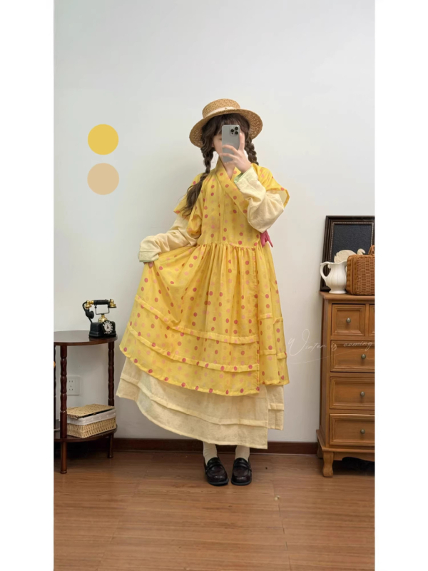 Rochie Hanfu în stil Ming, cu buline, căptușită, mâneci scurte, pentru purtare zilnică, primăvară-vară