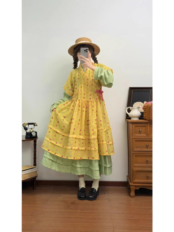 Rochie Hanfu în stil Ming, cu buline, căptușită, mâneci scurte, pentru purtare zilnică, primăvară-vară