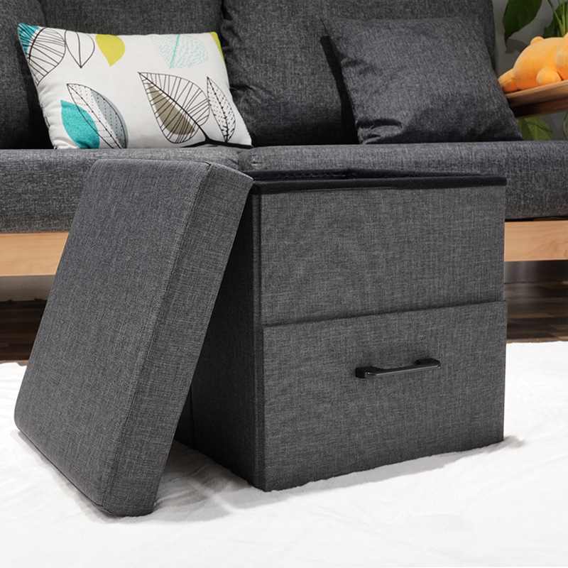 Taburet depozit cu sertar – taburet textil pentru living și dormitor, pătrat 38x38 cm (76x38x38 cm)