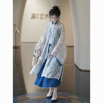 Hanfu nou îmbunătățit cu elemente Han, rochie lungă cu guler înalt în stil Ming, fustă cu bretele, set de trei piese pentru purtare zilnică