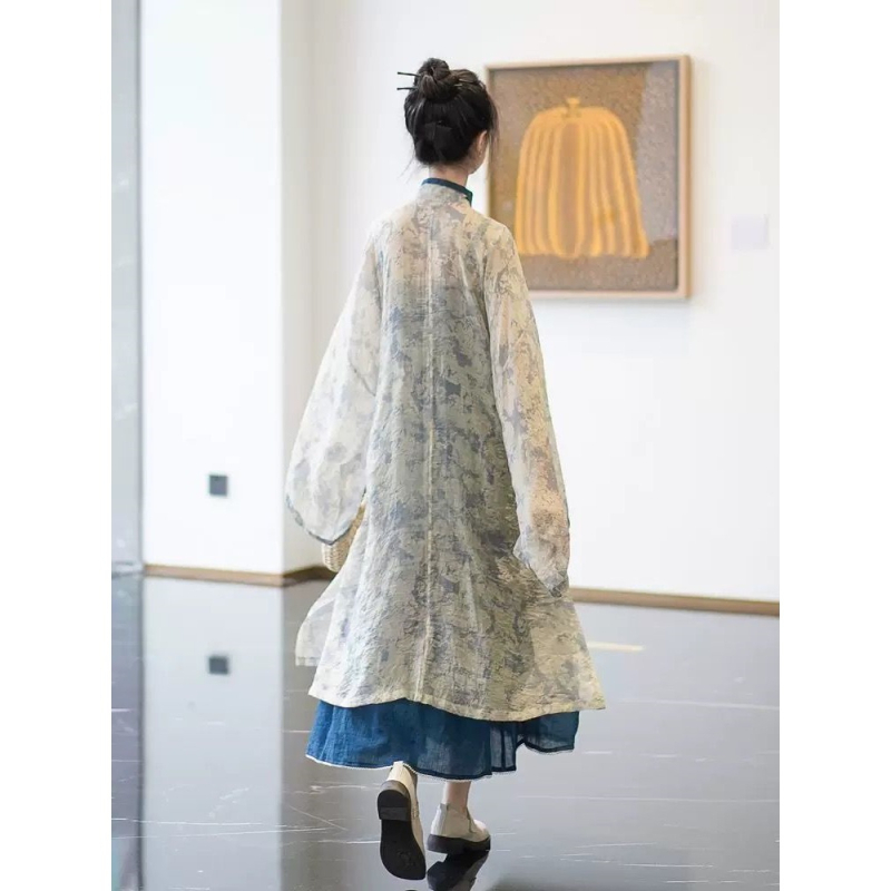 Hanfu nou îmbunătățit cu elemente Han, rochie lungă cu guler înalt în stil Ming, fustă cu bretele, set de trei piese pentru purtare zilnică