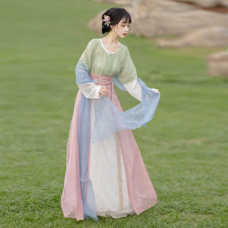 Hanfu în stil Tang, ansamblu de primăvară pentru banchet: robă imprimată, top interior cu guler rotund și fustă cu opt panouri pentru purtare zilnică.