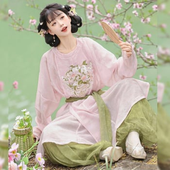 Little Peach Fairy – Hanfu original pentru femei, stil Tang, rochie brodată cu guler rotund și pantaloni felinare, pentru purtare zilnică primăvară-vară.