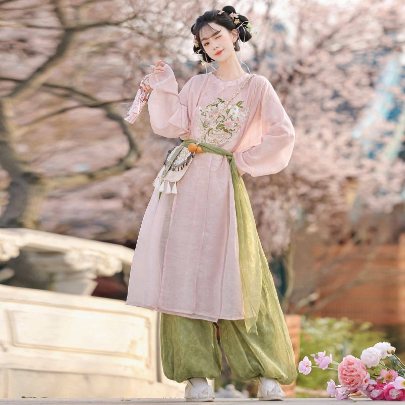 Little Peach Fairy – Hanfu original pentru femei, stil Tang, rochie brodată cu guler rotund și pantaloni felinare, pentru purtare zilnică primăvară-vară.