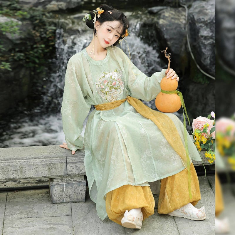 Little Peach Fairy – Hanfu original pentru femei, stil Tang, rochie brodată cu guler rotund și pantaloni felinare, pentru purtare zilnică primăvară-vară.