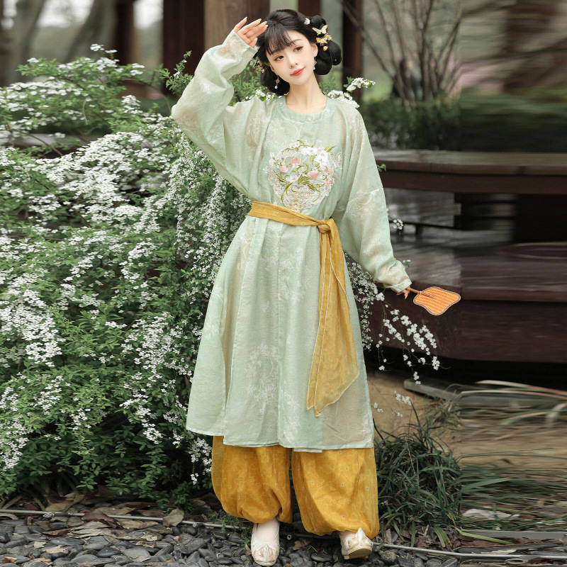 Little Peach Fairy – Hanfu original pentru femei, stil Tang, rochie brodată cu guler rotund și pantaloni felinare, pentru purtare zilnică primăvară-vară.