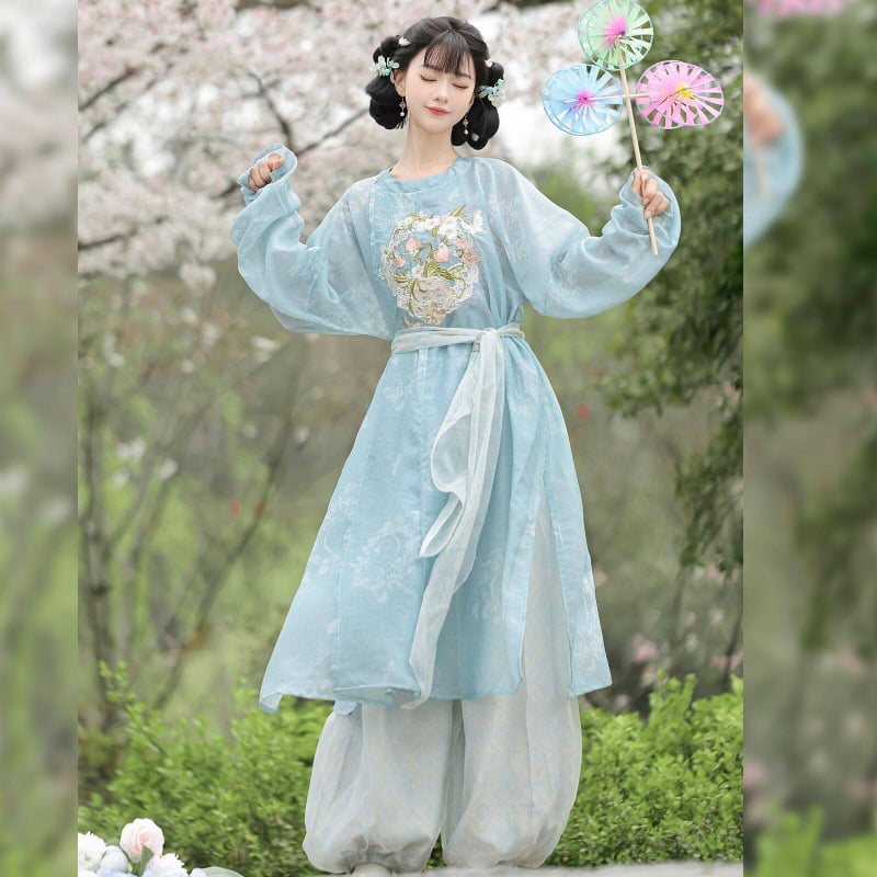 Little Peach Fairy – Hanfu original pentru femei, stil Tang, rochie brodată cu guler rotund și pantaloni felinare, pentru purtare zilnică primăvară-vară.
