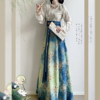 Set Hanfu brodat de toamnă, imprimeu în stil Tang, top cu guler rotund și jachetă Tang talie înaltă, Hanfu pentru femei