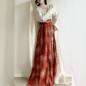 Set Hanfu brodat de toamnă, imprimeu în stil Tang, top cu guler rotund și jachetă Tang talie înaltă, Hanfu pentru femei