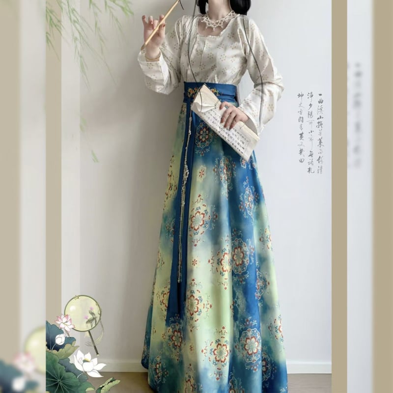 Set Hanfu brodat de toamnă, imprimeu în stil Tang, top cu guler rotund și jachetă Tang talie înaltă, Hanfu pentru femei
