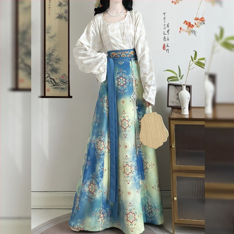 Vyšívaná súprava Hanfu s jesenným úsvitom, top s okrúhlym výstrihom v štýle Tang s potlačou a bundou Tang s vysokým pásom, Hanfu pre ženy