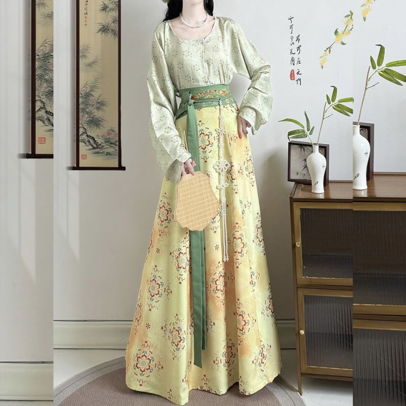 Set Hanfu brodat de toamnă, imprimeu în stil Tang, top cu guler rotund și jachetă Tang talie înaltă, Hanfu pentru femei