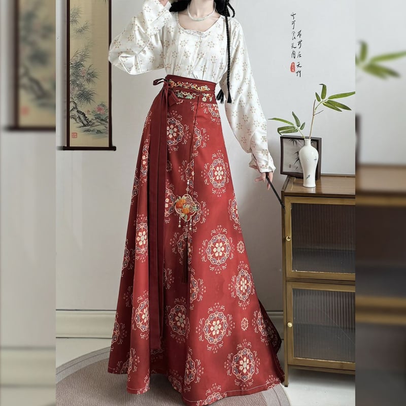Set Hanfu brodat de toamnă, imprimeu în stil Tang, top cu guler rotund și jachetă Tang talie înaltă, Hanfu pentru femei
