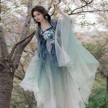 Hanfu pentru femei: fustă Hezi și top cu mâneci largi, design îmbunătățit, stil național eteric, broderie densă, jacquard poliester