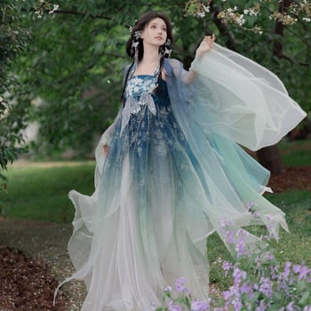 Hanfu pentru femei: fustă Hezi și top cu mâneci largi, design îmbunătățit, stil național eteric, broderie densă, jacquard poliester