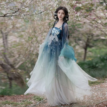 Hanfu pentru femei: fustă Hezi și top cu mâneci largi, design îmbunătățit, stil național eteric, broderie densă, jacquard poliester