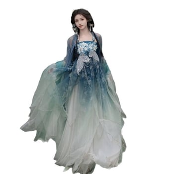 Hanfu pentru femei: fustă Hezi și top cu mâneci largi, design îmbunătățit, stil național eteric, broderie densă, jacquard poliester