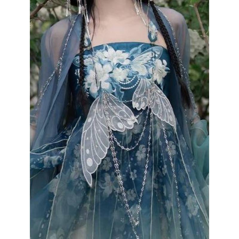 Hanfu pentru femei: fustă Hezi și top cu mâneci largi, design îmbunătățit, stil național eteric, broderie densă, jacquard poliester