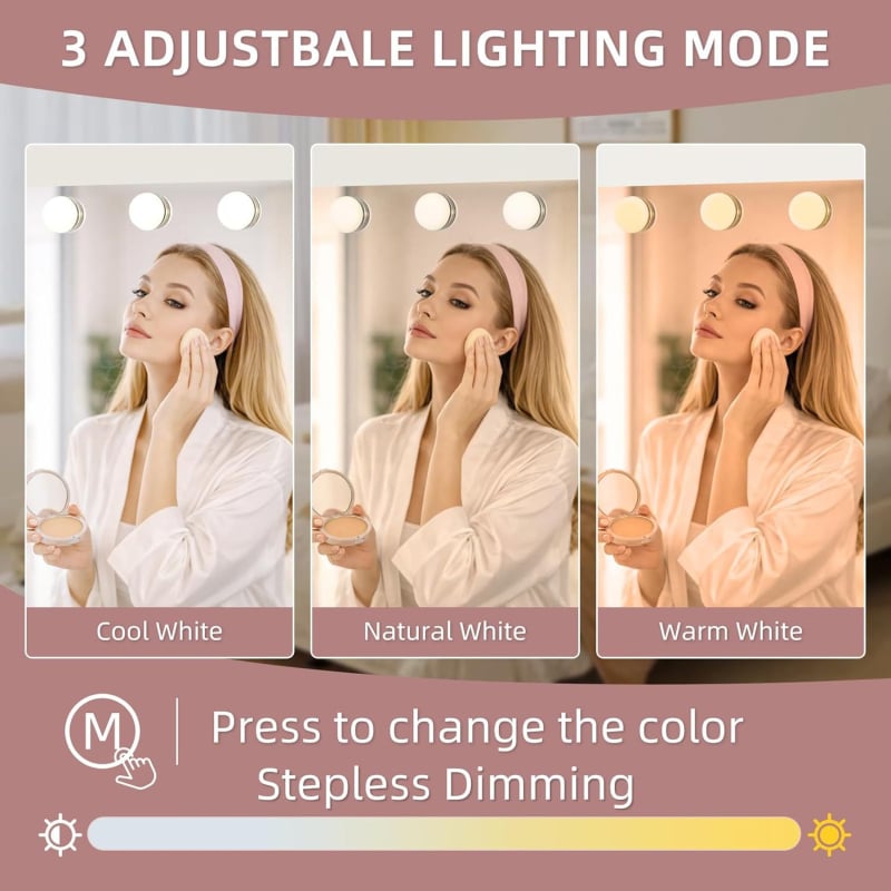 Oglindă de makeup LED Hollywood, oglindă de birou pentru înfrumusețare cu iluminare inteligentă în trei culori