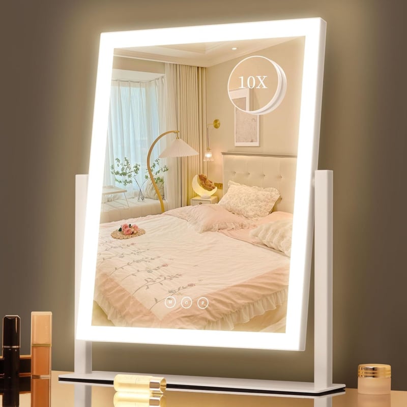 Oglindă de machiaj LED cu atingere inteligentă, iluminare în trei nuanțe reglabilă și rotație de 360°