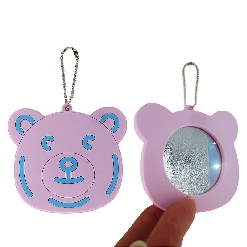 Oglindă de machiaj din silicon cu pandantiv ursuleț desen animat, 7x7 cm, ramă PVC moale, personalizabilă cu imaginea ta