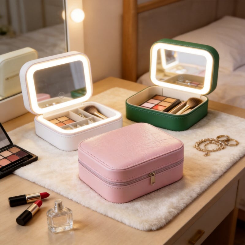 Geantă mini pentru machiaj cu oglindă LED, organizator cosmetic portabil pentru călătorii