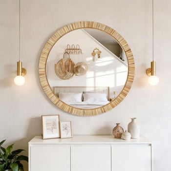 oglindă decorativă de perete din ratan, oglindă de toaletă modernă în stil boem, potrivită pentru dormitor, sufragerie și masă de toaletă