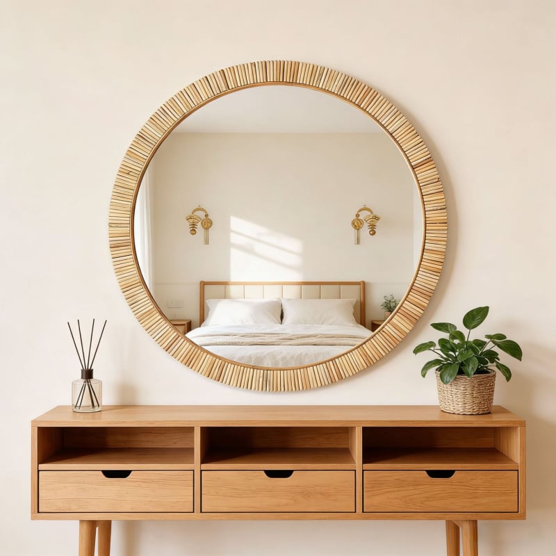 oglindă decorativă de perete din ratan, oglindă de toaletă modernă în stil boem, potrivită pentru dormitor, sufragerie și masă de toaletă