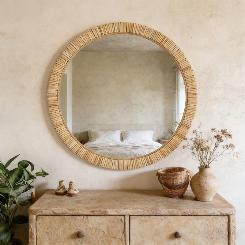 oglindă decorativă de perete din ratan, oglindă de toaletă modernă în stil boem, potrivită pentru dormitor, sufragerie și masă de toaletă