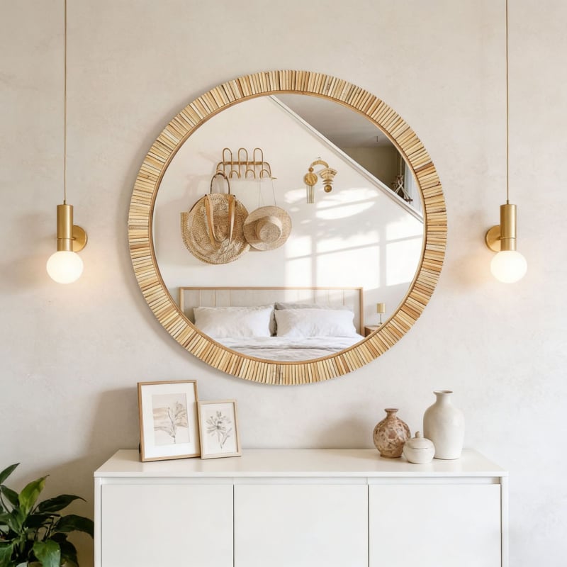 oglindă decorativă de perete din ratan, oglindă de toaletă modernă în stil boem, potrivită pentru dormitor, sufragerie și masă de toaletă