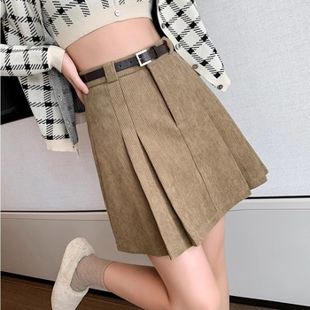 Fustă plisată din corduroy, talie înaltă, croială A, mini pentru femei scunde, look elegant
