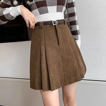 Fustă plisată din corduroy, talie înaltă, croială A, mini pentru femei scunde, look elegant