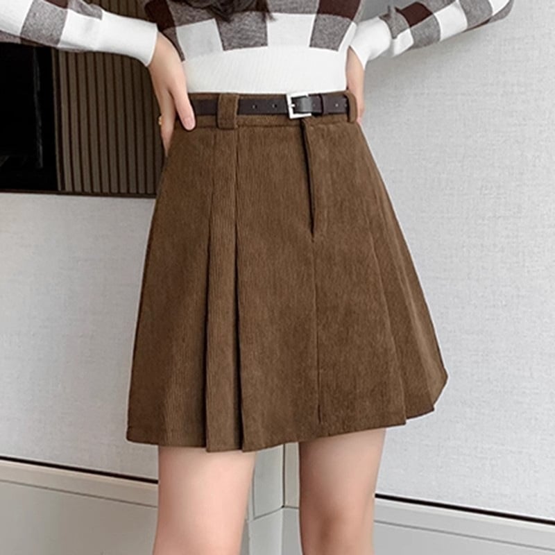 Fustă plisată din corduroy, talie înaltă, croială A, mini pentru femei scunde, look elegant
